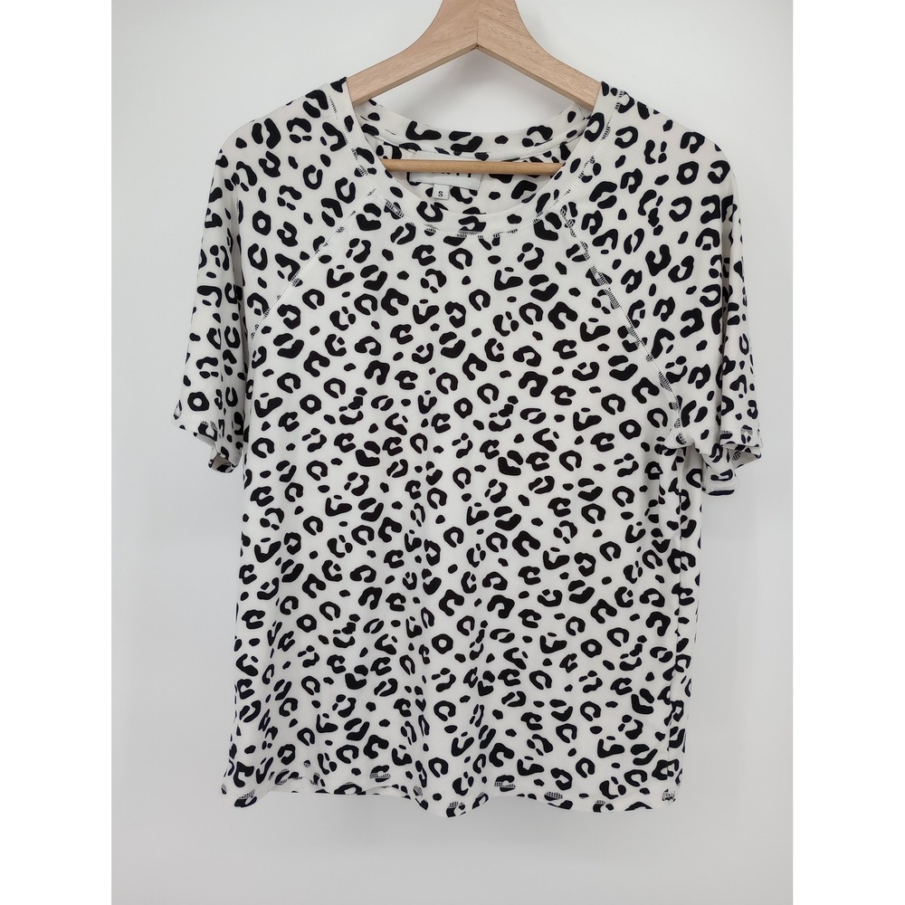 KIKIT T-Shirt Women S White Black Leopard Print Raglan Short Sleeve
